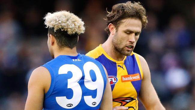 Bulldogs coach Luke Beveridge was unimpressed by the treatment directed towards Jason Johannisen by Eagle Mark Hutchings. Picture: Getty Images