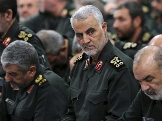 Iran’s Revolutionary Guard General Qassem Soleimani (centre) attends a meeting in Tehran, Iran. Picture: Office of the Iranian Supreme Leader via AP