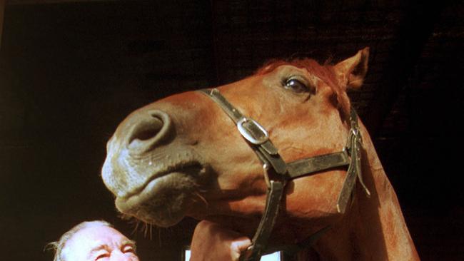 Trainer Albert Stapleford and racehorse Magic Albert in Melbourne in 2001.