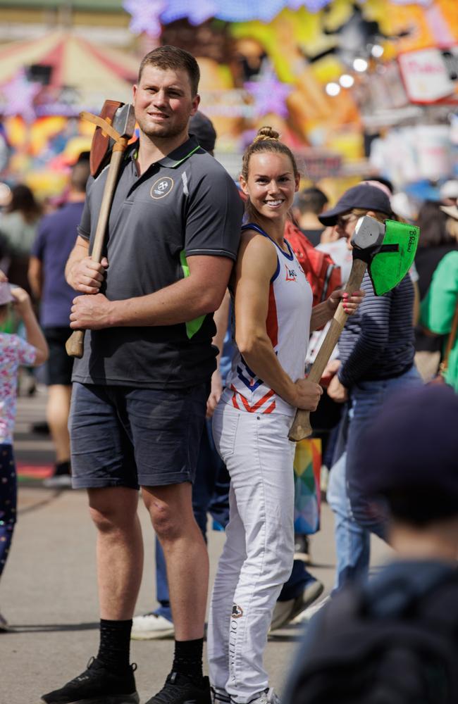 Woodchoppers Jack Jordan from New Zealand and Martha King from USA at the Ekka. Picture Lachie Millard