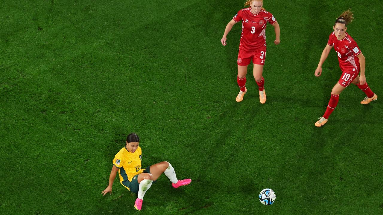 Sam Kerr fighting for the ball on return. Picture: Getty Images