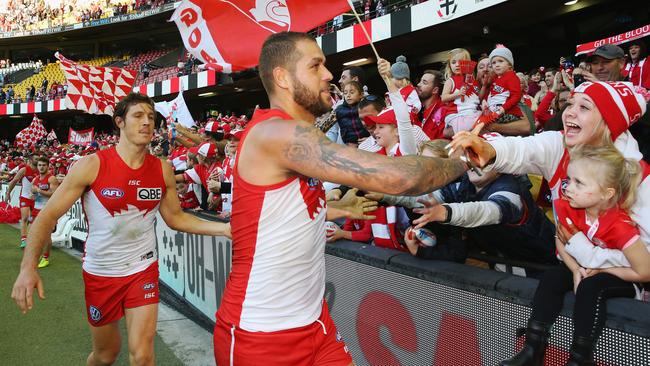 Kurt Tippett and Lance Franklin celebrate a win with the fans.