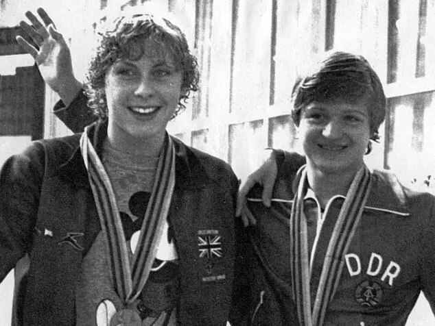 British Olympic swimmer Sharron Davies, left, pictured with Petra Schneider, of East Germany, displaying their medals at the 1980 Moscow Olympics.