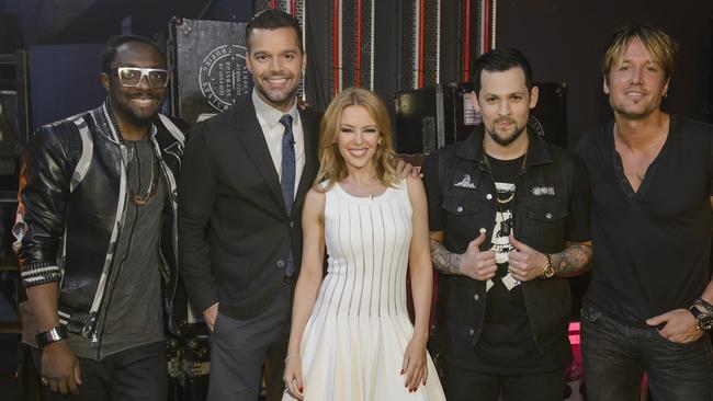 Promotes his music ... Keith Urban back on The Voice with coaches will.i.am, Ricky Martin, Kylie Minogue and Joel Madden.