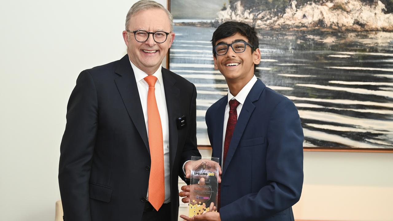 Red level (Years 7-8) Winner Aditya Paul was going to ask the Prime Minister to spell “bourgeoisie” but decided to go easy on him. Picture: NewsWire / Martin Ollman