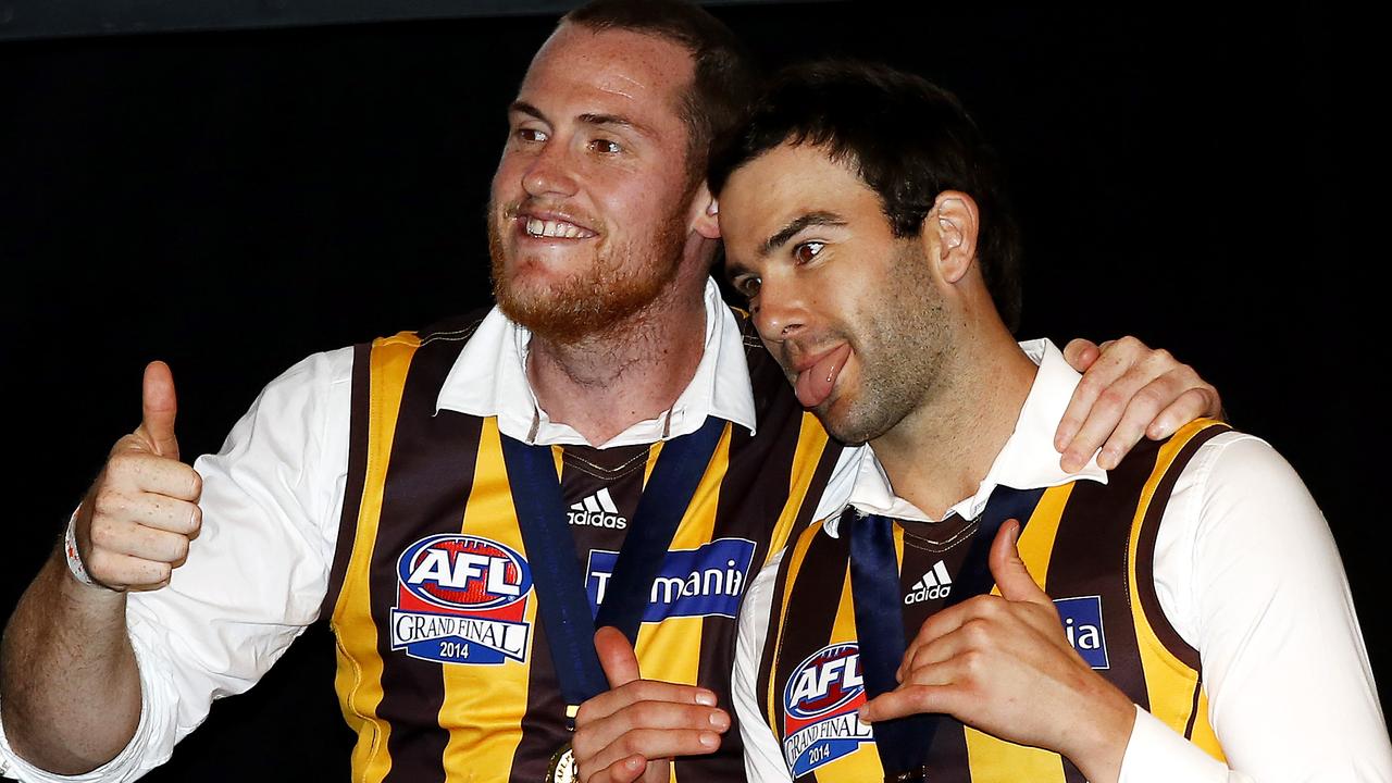 Jarryd Roughead and Jordan Lewis after the 2014 Grand Final win.