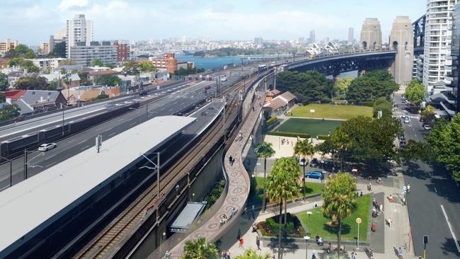 Transport for NSW’s artist impression of the new Sydney Harbour Bridge northern cycleway ramp.