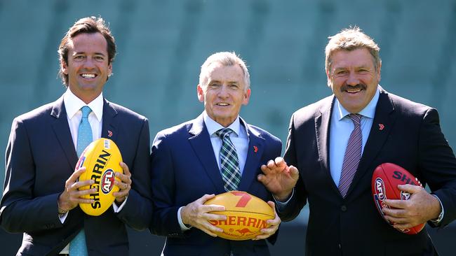 Brian Taylor (right) forms part of Channel 7’as Friday night team with Hamish McLachlan and Bruce McAvaney. Picture: Wayne Ludbey