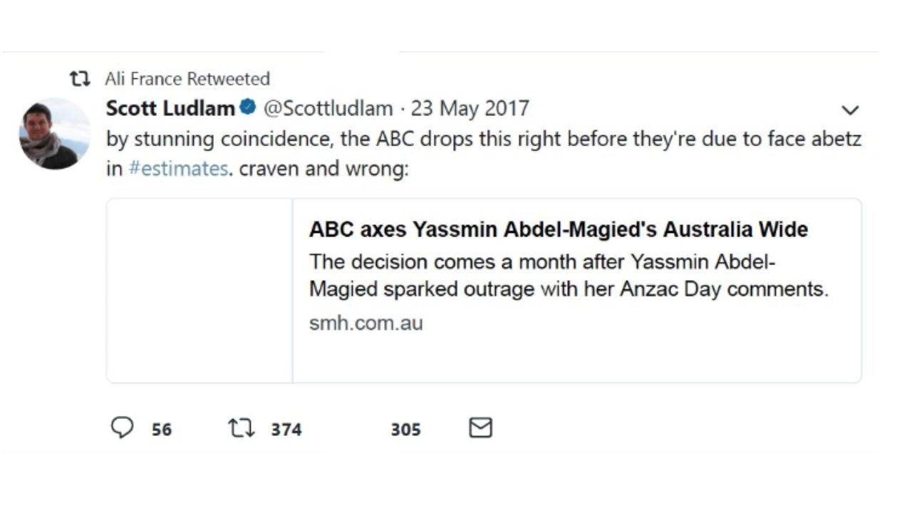 Scott Ludlam's tweet was shared by Ali France in 2017.