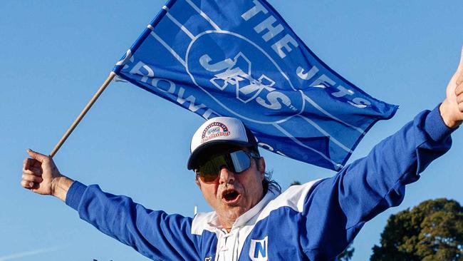 WEEKEND TELEGRAPH JUNE 24, 2023Newtown Jets versus Parramatta at Henderson Park in Marrickville today. John Trad does a lap of the field each time the Jets score. He is pictured on the ground at half time. Picture: David Swift