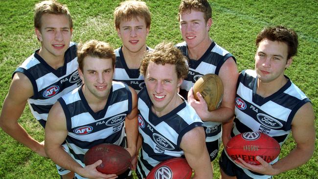 Geelong’s 2001 recruits (clockwise from top left) Charlie Gardiner, Gary Ablett, Steve Johnson, Jimmy Bartel, David Johnson and James Kelly.