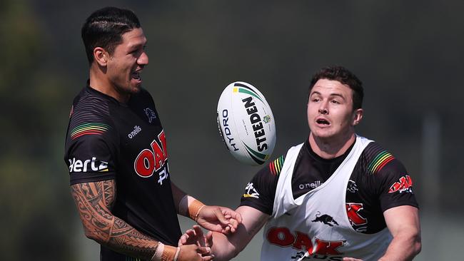 Penrith's Malakai Watene-Zelezniak and Dylan Edwards during Penrith NRL training. Pic: Brett Costello.;