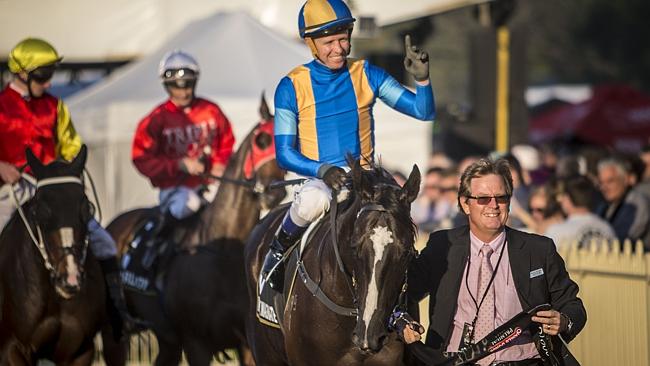 Kerrin McEvoy and Music Magnate return to scale after winning the Doomben 10,000. Picture: AAP