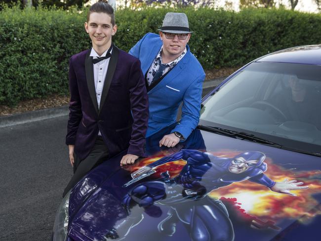 Alex Jopling (left) and Joel Martin at Centenary Heights State High School formal at Picnic Point, Friday, November 20, 2020. Picture: Kevin Farmer