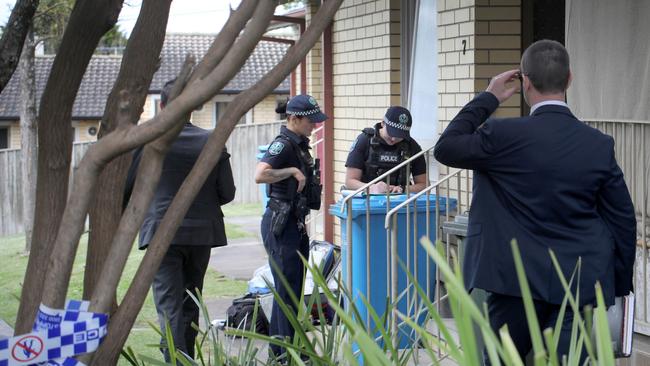 65 year old Peter Smith was murdered in his Mt.Gambier home. Police, Detectives and Forensic officers at the scene, at a block of units off Bond Street. 27 September 2023. Picture Dean Martin
