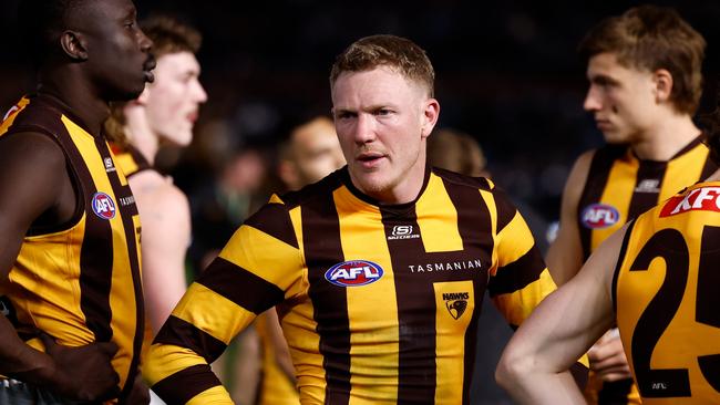 ADELAIDE, AUSTRALIA - SEPTEMBER 13: James Sicily of the Hawks looks dejected after a loss during the 2024 AFL Second Semi Final match between the Port Adelaide Power and the Hawthorn Hawks at Adelaide Oval on September 13, 2024 in Adelaide, Australia. (Photo by Michael Willson/AFL Photos via Getty Images)