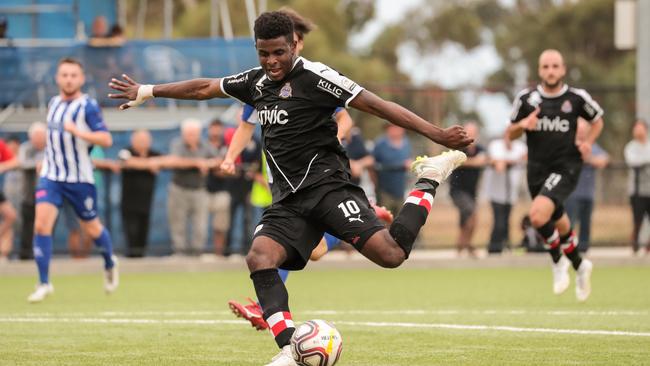 English striker Terence Carter scored four goals in Raiders’ demolition of West Adelaide. Picture: Adam Butler