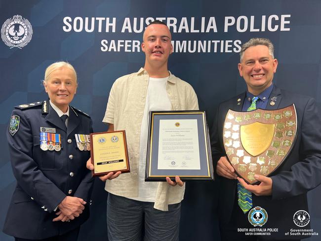 Deputy Commissioner of Police Linda Williams, the City of Adelaide Lions Club and South Australia Police (SAPOL) 2024 Citizen of the Year Sean Williams, and City of Adelaide Lions Club President Andrew Stacey pictured the award ceremony on Tuesday 12 November. Picture: SA Police