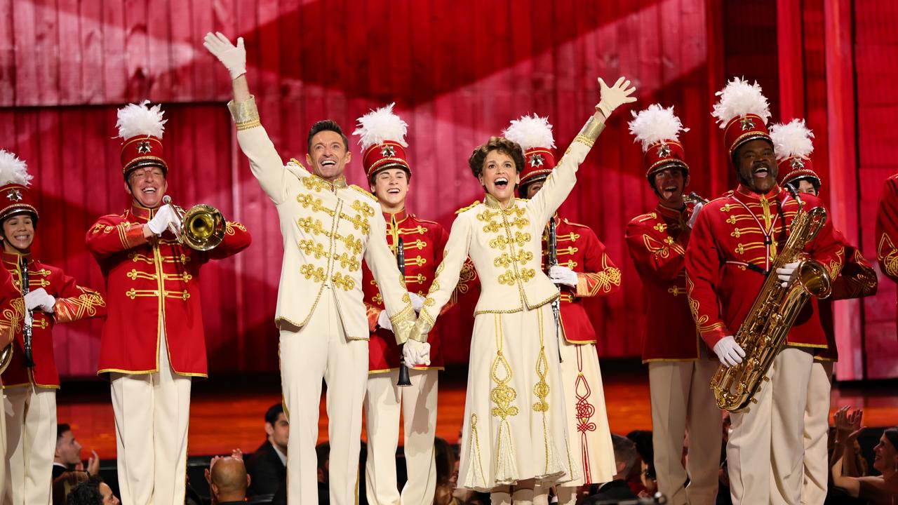 Hugh Jackman and Sutton Foster perform a number from <span id="U843436204908SVE">The Music Man</span> onstage at the 75th Annual Tony Awards at Radio City Music Hall. Picture: Getty.