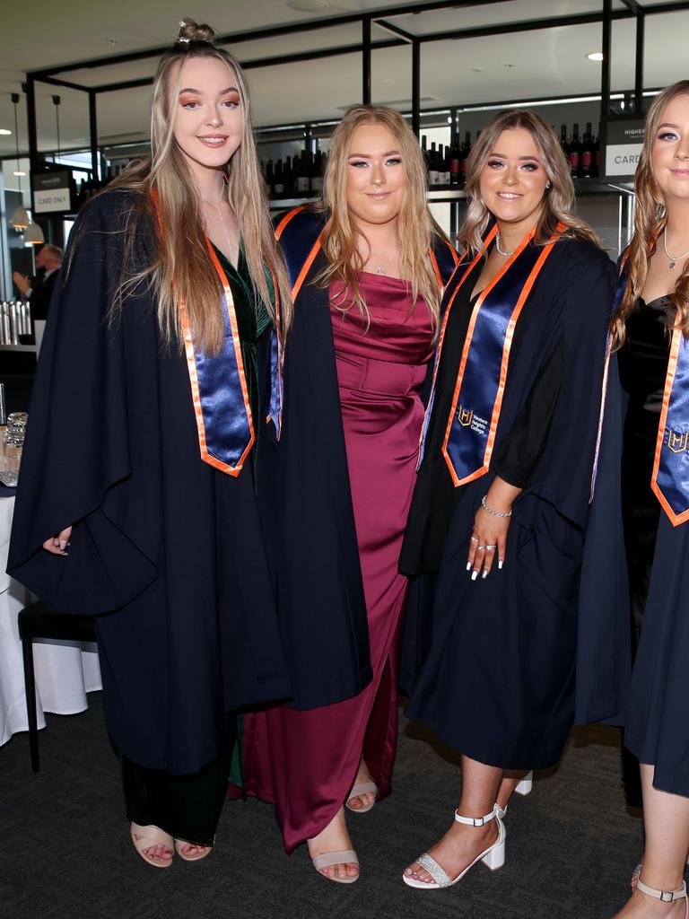 Western Heights College graduation at GMHBA stadium. Olivia Simovic, Lauren Revell, Bridie Barclay and Tamsin Bower. Picture: Mike Dugdale