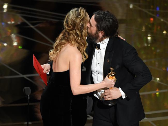 Actor Casey Affleck accepts Best Actor for 'Manchester by the Sea' from actor Brie Larson onstage during the 89th Annual Academy Awards. Picture: Getty