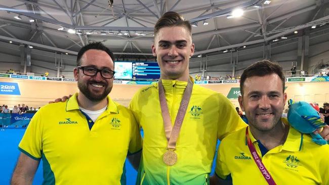 Ross Edgar (right) with keirin gold medallist Matthew Glaetzer and fellow Australian sprint coach Nick Flyger.