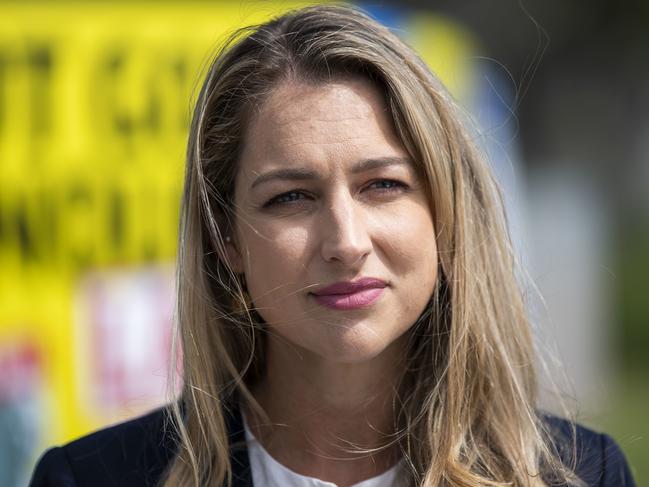 LNP candidate Laura Gerber arrives at Elanora High School to vote in the Currumbin by-election, Saturday, March 28, 2020. By-elections will be held in the Queensland state seats of Currumbin and Ipswich to replace retiring LNP MP Jann Stuckey and Labor MP Jo-Anne Miller, months before a general state election. (AAP Image/Glenn Hunt) NO ARCHIVING