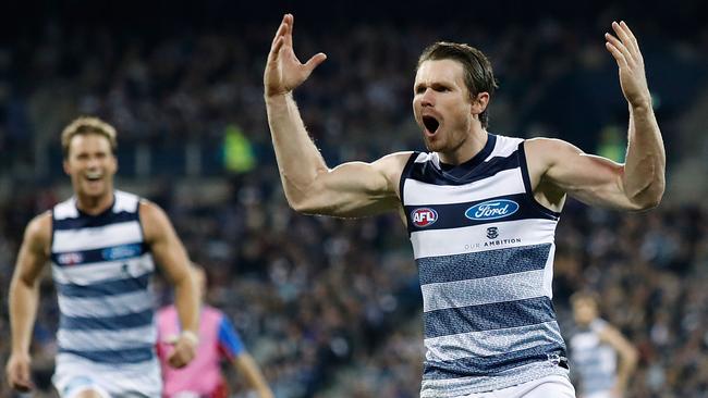 Patrick Dangerfield kicks a goal in the win over Western Bulldogs.