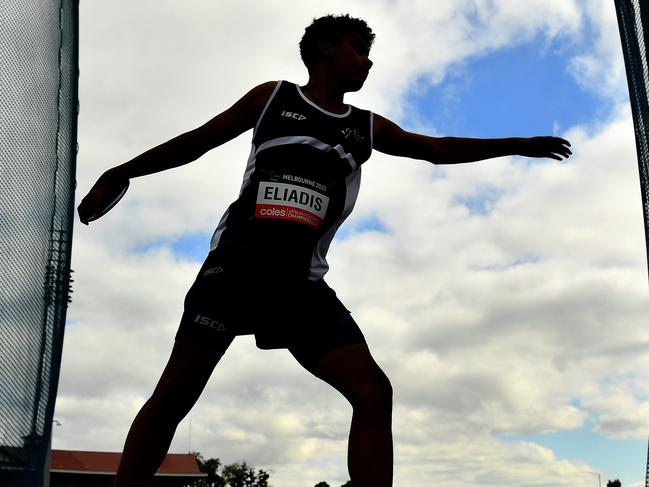 Theodore Eliadis (VIC) competes in the Boys U14 Discus during the Australian Little Athletics Championships at Lakeside Stadium in Albert Park, Victoria on April 22, 2023.