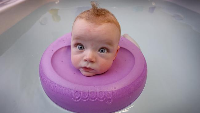 Babies aged from two days to six months, like Fabian, can enjoy Melbourne’s first baby spa. Picture: David Caird