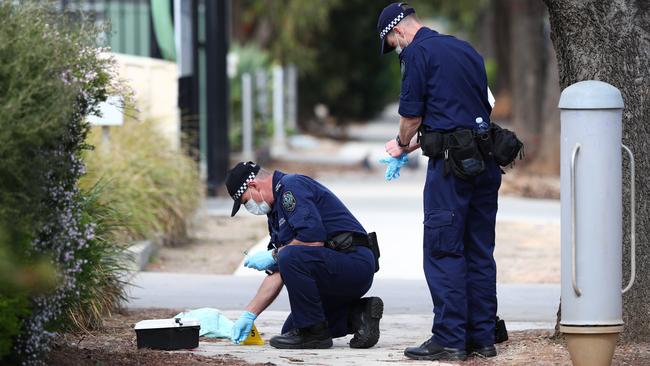 Police at Hindmarsh, where a man was shot. Picture: Tait Schmaal