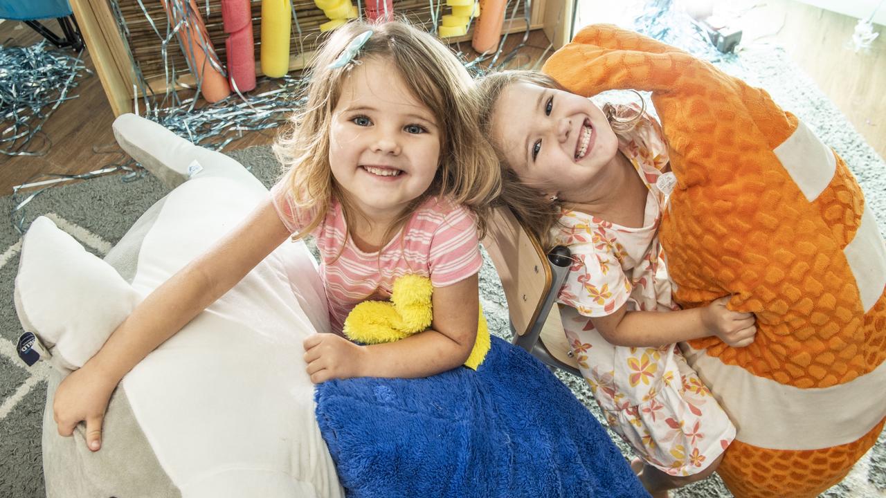 5 year old twins Brooklyn (left) and Indiana Fry at LEAD Childcare Toowoomba. Friday, December 3, 2021. Picture: Nev Madsen.