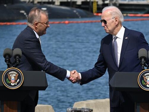 SAN DIEGO, CA - MARCH 13: U.S. President Joe Biden and Prime Minister Anthony Albanese of Australia shake hands on Australia â United Kingdom â United States (AUKUS) Partnership as Prime Minister Rishi Sunak of the United Kingdom participates at Naval Base Point Loma in San Diego, California, United States on March, 13, 2023. (Photo by Tayfun Coskun/Anadolu Agency via Getty Images)