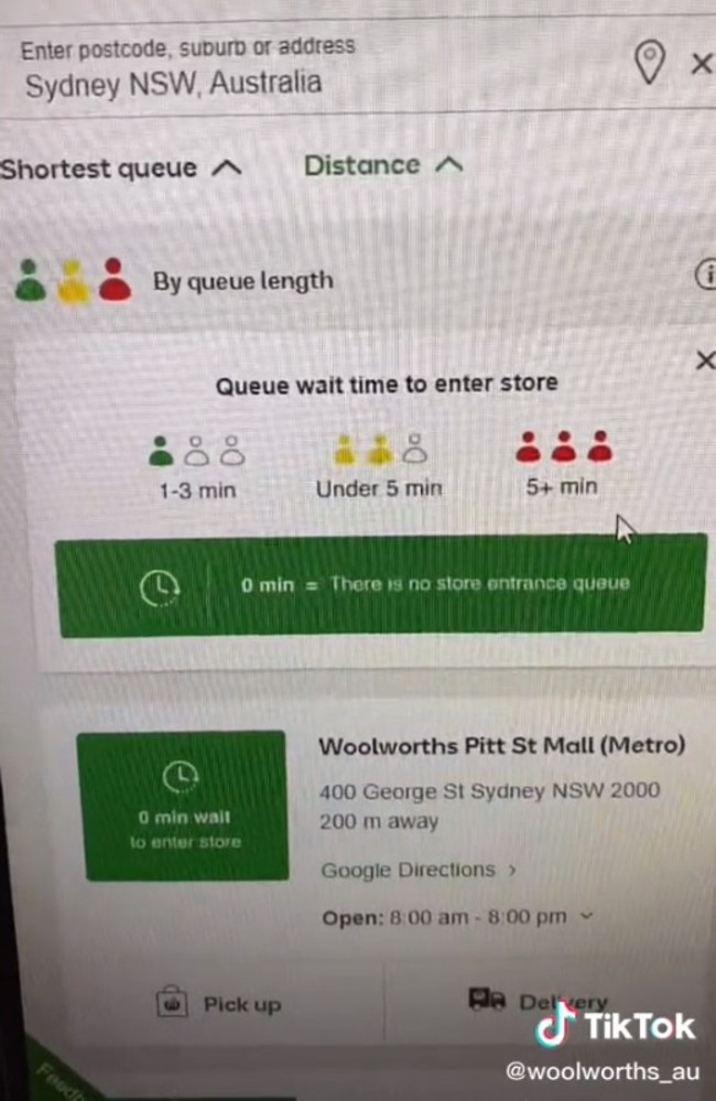 Punch in your postcode or suburb and it will let you know if your local store is busy. Picture: TikTok/woolworths_au