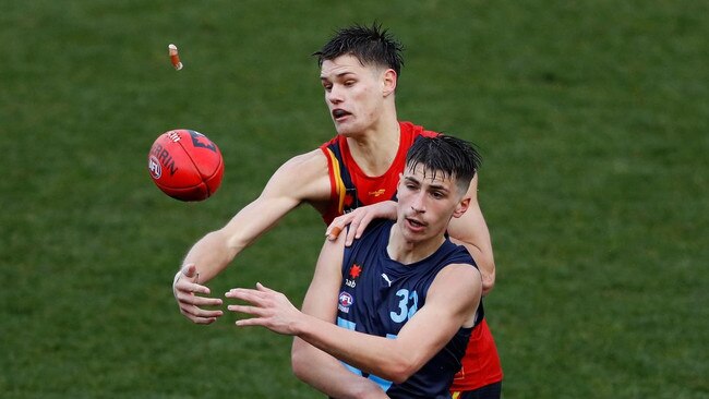 Phoenix Foster (in red) representing SA last season. He was drafted to Geelong with pick 52 on Tuesday night. Picture: Dylan Burns/AFL Photos via Getty Images