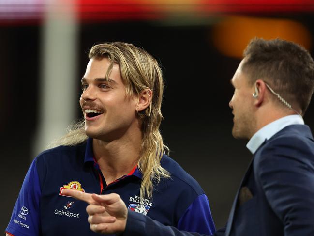 Bailey Smith with Joel Selwood last Thursday night. Picture: Getty