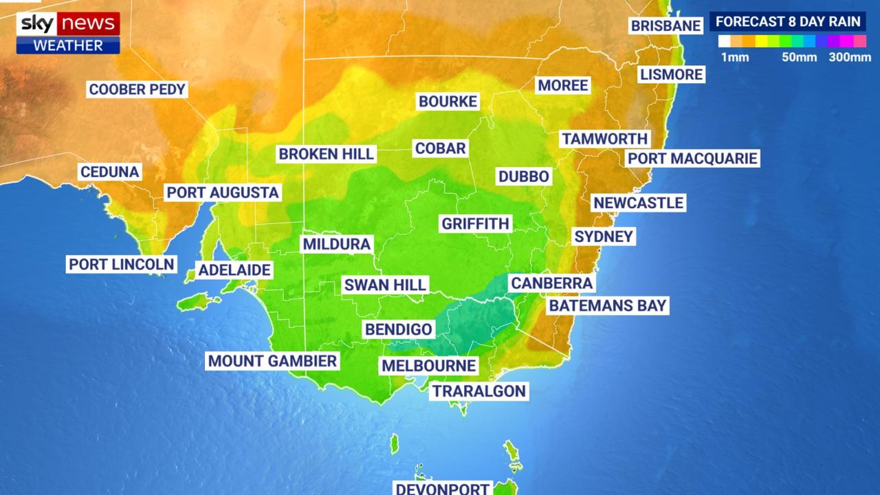 A wet weather system is bringing heavy rains and possible thunderstorms for much of the east for the rest of the week. Picture: Sky News Weather