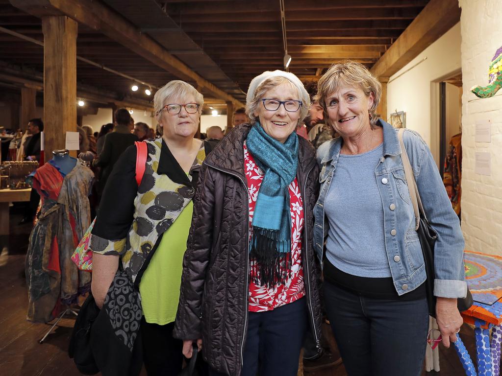 <p>Gale Staddon, of New Town, left, Kate Cooper, of West Hobart, and Anna Sharp, of Montagu Bay, at the launch of Albuera Street Primary School and Selena de Carvalhoof&rsquo;s exhibition Rubbish Ideas at the Salamanca Arts Centre. Picture: PATRICK GEE</p>
