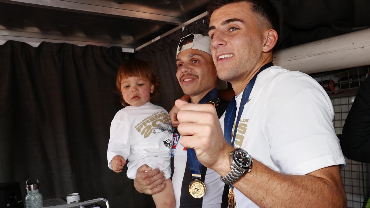 Bobby Hill and Nick Daicos on the DJ set. Picture: Michael Klein