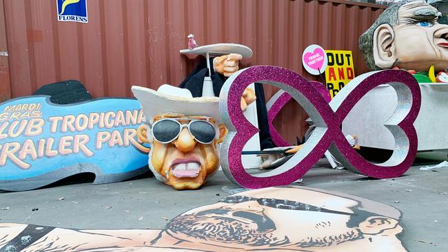 Props from Mardi Gras’ past including effigies of Bob Katter (left) and Fred Nile (right). Picture: Benedict Brook