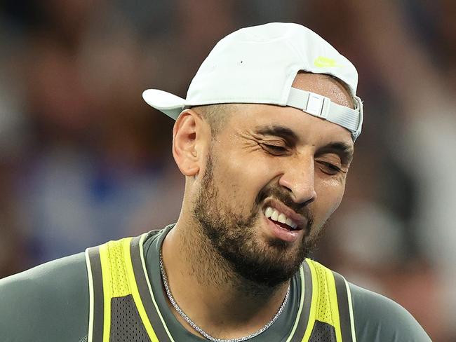 MELBOURNE, AUSTRALIA - JANUARY 13: Nick Kyrgios of Australia reacts against Jacob Fearnley of Great Britain in the Men's Singles First Round match during day two of the 2025 Australian Open at Melbourne Park on January 13, 2025 in Melbourne, Australia. (Photo by Kelly Defina/Getty Images)