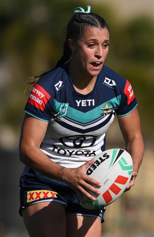 Krystal Blackwell of the Cowboys runs with the ball during the round six NRLW match between Brisbane Broncos and North Queensland Cowboys at Totally Workwear Stadium on September 01, 2024 in Brisbane, Australia. (Photo by Matt Roberts/Getty Images)