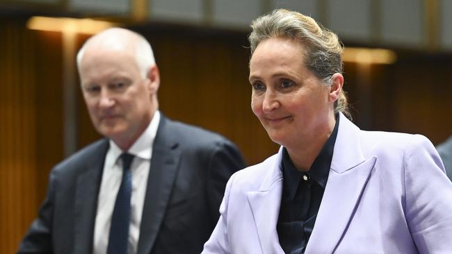 Qantas chairman Richard Goyder, left, and new chief executive Vanessa Hudson appear before the Senate inquiry on Wednesday. Picture: NCA NewsWire / Martin Ollman