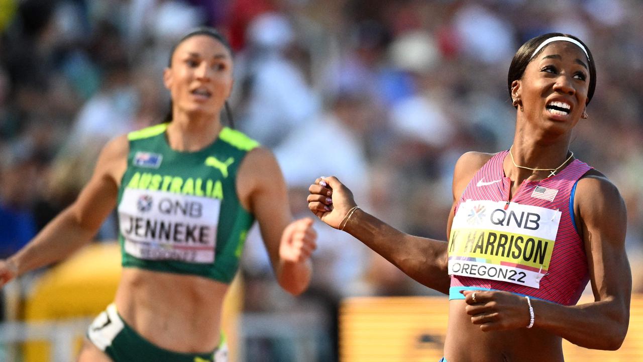 Australia's Michelle Jenneke finishes behind USA's Kendra Harrison to get knocked out of the women's 100m hurdles in the semi-finals. Picture: AFP