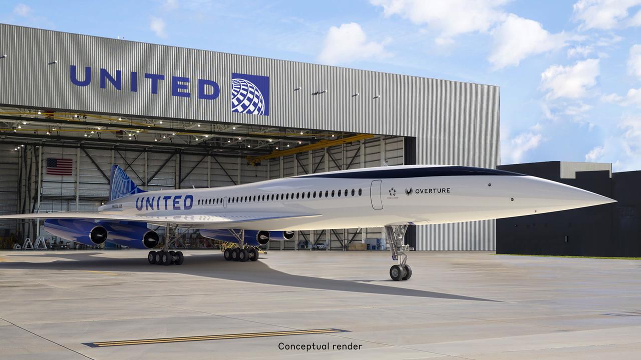 United Airlines, which will be the largest carrier between the US and Brisbane, Sydney and Melbourne this year, has ordered 15 Overture aircraft. Picture: Boom