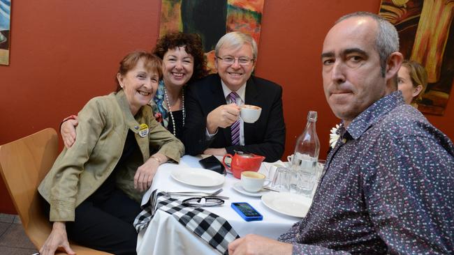 The Northern Star editor has coffee with Member for Page Janelle Saffin, Prime Minister Kevin Rudd and his wife Therese Rein Cafe Capello.Photo Cathy Adams / The Northern Star