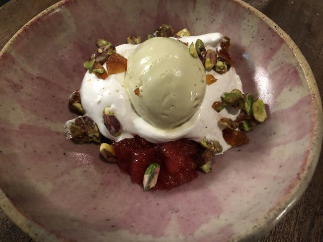 Pistachio, Italian meringue, rhubarb at Allegra Dining Room