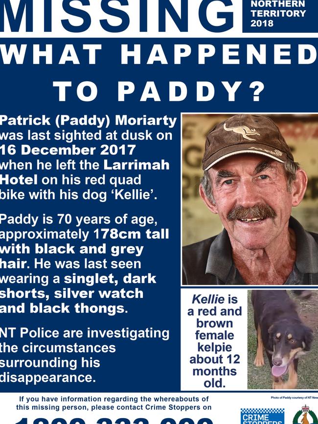 Paddy Moriarty’s missing person poster. Picture: NT Police