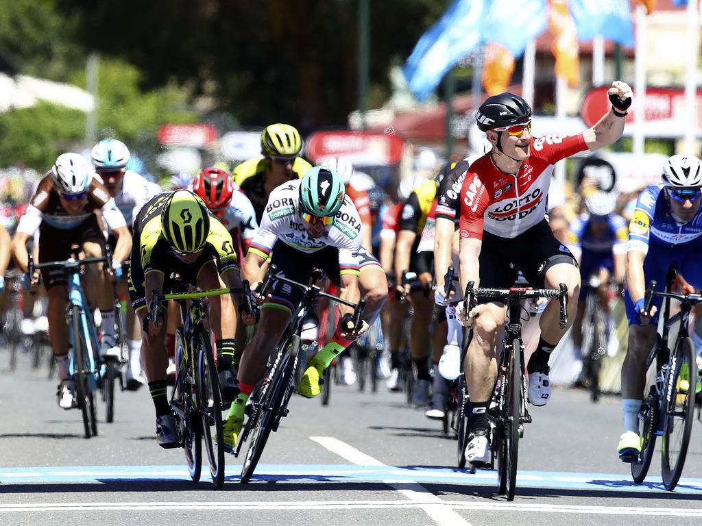 Andre Greipel wins the first stage from Caleb Ewan and Peter Sagan. Picture Sarah Reed