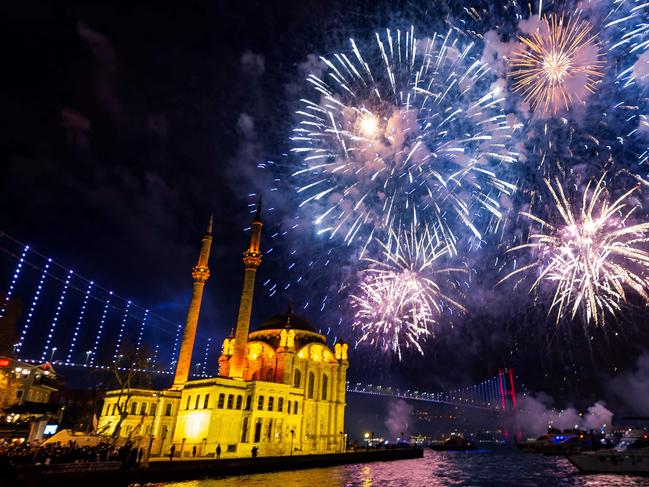 Fireworks explode in the sky over the Ortakoy Mosque. Picture: AFP